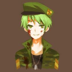 Rule 34 | 1boy, bad id, bad pixiv id, beret, blood, blood on clothes, blood on face, brown background, camouflage, dog tags, flippy (happy tree friends), green eyes, green hair, grin, happy tree friends, hat, lemontea, male focus, matching hair/eyes, simple background, smile, solo, uniform
