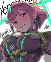 Rule 34 | 1girl, armor, blush, breasts, character name, fingerless gloves, gloves, half-closed eyes, hand on own chest, large breasts, looking at viewer, nintendo, pyra (xenoblade), red eyes, red hair, rog rockbe, seductive smile, short hair, signature, smile, upper body, xenoblade chronicles (series), xenoblade chronicles 2, xenoblade chronicles (series), xenoblade chronicles 2