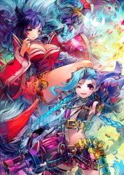 Rule 34 | 2girls, ahri (league of legends), animal ears, bare shoulders, black hair, blue hair, braid, breasts, bullet, cleavage, detached sleeves, energy ball, facial mark, fingerless gloves, fox ears, fox tail, fumo, gloves, jewelry, jinx (league of legends), korean clothes, large breasts, league of legends, lips, long hair, looking at viewer, multiple girls, multiple tails, nail polish, navel, necklace, one eye closed, pink eyes, slit pupils, small breasts, smile, tail, thighhighs, twin braids, very long hair, weapon, whisker markings, yellow eyes