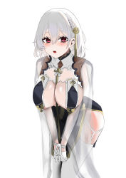 Rule 34 | 1girl, absurdres, aqua dress, azur lane, blush, braid, breasts, cleavage, covered erect nipples, dress, feet out of frame, french braid, garter belt, garter straps, gloves, hair ornament, highres, large breasts, leaning forward, looking at viewer, mianbaoren, official alternate costume, open mouth, parted lips, red eyes, short hair, sirius (azur lane), sirius (azure horizons) (azur lane), solo, standing, teeth, thighhighs, thighs, upper teeth only, veil, white background, white gloves, white hair, white thighhighs