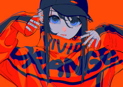 Rule 34 | 1girl, absurdres, baseball cap, black hair, black hat, blue eyes, closed mouth, commentary, ear piercing, earrings, english text, expressionless, hand tattoo, hands up, hat, high collar, highres, hoop earrings, huge filesize, jacket, jewelry, lips, long hair, long sleeves, looking at viewer, nail polish, orange background, orange jacket, orange lips, orange nails, orange theme, original, piercing, ritao kamo, simple background, sleeves past wrists, solo, symbol-only commentary, tattoo, upper body