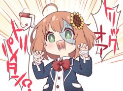 Rule 34 | 1girl, ahoge, arrow (symbol), bandaged hand, bandages, blazer, blue jacket, bow, brown hair, chibi, claw pose, collared shirt, commentary request, dress shirt, emphasis lines, flower, green eyes, hair between eyes, hair flower, hair ornament, hairclip, hands up, honma himawari, jacket, kadose ara, nijisanji, open clothes, open jacket, red bow, shirt, solo, stitches, sunflower, sunflower hair ornament, translation request, upper body, v-shaped eyebrows, virtual youtuber, white shirt, yellow flower