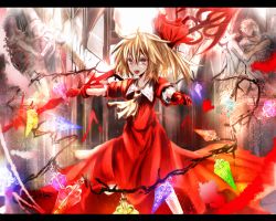 Rule 34 | 1girl, aruto2498, ascot, blonde hair, blood, church, colored eyelashes, cross, dress, eyelashes, flandre scarlet, gloves, hair ribbon, indoors, koumajou densetsu, laevatein, letterboxed, looking at viewer, no headwear, open mouth, red dress, red eyes, red gloves, ribbon, sculpture, short hair, short sleeves, side ponytail, solo, statue, touhou, wings