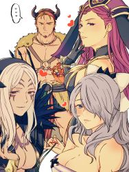 Rule 34 | ..., 1boy, 3girls, absurdres, animal ears, aversa (fire emblem), beard, black gloves, breasts, brown hair, rabbit ears, camilla (fire emblem), candy, cleavage, closed mouth, dark skin, demon horns, dorcas (fire emblem), facial hair, facial mark, fake animal ears, fire emblem, fire emblem: the blazing blade, fire emblem awakening, fire emblem fates, fire emblem heroes, food, from side, gloves, hair over one eye, hat, heart, highres, holding, horns, large breasts, loki (fire emblem), looking to the side, multiple girls, nintendo, nishimura (nianiamu), parted lips, purple eyes, purple hair, short hair, simple background, spoken ellipsis, white background, white hair