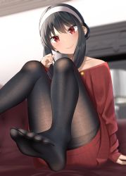 Rule 34 | 1girl, bare shoulders, black hair, black pantyhose, blush, dress, feet, fine fabric emphasis, foot focus, gurande (g-size), hair between eyes, hairband, hand up, highres, knees to chest, looking at viewer, nail polish, off-shoulder sweater, off shoulder, pantyhose, red eyes, red nails, red sweater, short hair with long locks, sidelocks, sitting, smile, soles, solo, spy x family, sweater, sweater dress, thighs, toenail polish, toenails, toes, yor briar