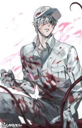 Rule 34 | 10s, 1boy, artist name, baseball cap, belt, black eyes, blood, blood on clothes, blood on face, blood splatter, bloody weapon, collarbone, colored skin, gearous, gloves, hair over one eye, hat, hataraku saibou, highres, holding, holding knife, knife, long sleeves, looking at viewer, male focus, pants, parted lips, shaded face, shirt, u-1146, weapon, white blood cell (hataraku saibou), white gloves, white hair, white hat, white pants, white shirt, white skin
