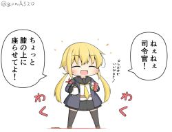 Rule 34 | 1girl, armband, black thighhighs, blonde hair, blue jacket, can, character doll, chibi, closed eyes, coca-cola, commentary request, drink can, failure penguin, full body, goma (yoku yatta hou jane), jacket, kantai collection, long hair, neckerchief, open mouth, partially translated, satsuki (kancolle), school uniform, serafuku, simple background, smile, soda can, solo, standing, stuffed animal, stuffed bird, stuffed toy, thighhighs, translation request, twintails, twitter username, white background, yellow neckerchief