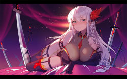 Rule 34 | 1girl, bare shoulders, blue eyes, blush, braid, breasts, chou shippai-saku, cleavage, cross, elbow gloves, feathers, gloves, glowing, katana, large breasts, leotard, long hair, looking at viewer, lying, necktie, original, simple background, sleeveless, solo, sword, thighhighs, weapon, white hair