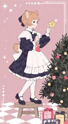 Rule 34 | 1girl, animal ears, apron, ascot, black dress, black footwear, black hair, blue eyes, blush, border, bow, box, capelet, checkered floor, christmas, christmas ornaments, christmas star, christmas stocking, christmas tree, dog ears, dog tail, dress, e (eokiba), female focus, from side, full body, gift, gift box, hair bow, highres, maid, maid apron, md5 mismatch, original, pantyhose, profile, purple background, shoes, simple background, smile, solo, standing, stool, tail, webp-to-png conversion, white ascot, white capelet, white pantyhose