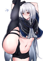 Rule 34 | 1girl, absurdres, angelfish, arknights, arm behind head, arms up, ascot, black capelet, black gloves, black pants, blush, breasts, capelet, closed mouth, clothing cutout, cowboy shot, fish, gloves, grey ascot, grey hair, hair between eyes, highres, kokihanada, large breasts, long hair, looking at viewer, navel, pants, red eyes, simple background, skadi (arknights), solo, split, standing, standing on one leg, standing split, stomach, thigh cutout, thighs, underboob, very long hair, white background