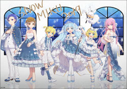Rule 34 | 2019, 2boys, 4girls, ahoge, ankle strap, black choker, black footwear, black nails, blonde hair, blue dress, blue eyes, blue footwear, blue hair, blue jacket, blue nails, blue ribbon, bow, brooch, brown eyes, brown hair, cane, character name, choker, collared shirt, commentary request, crossed legs, dress, earrings, formal, fortissimo, frilled dress, frills, gloves, hair ornament, hair ribbon, hairpin, hakusai (tiahszld), hand on own chest, hand on own hip, hand up, hatsune miku, high heels, holding, holding staff, jacket, jacket on shoulders, jewelry, kagamine len, kagamine rin, kaito (vocaloid), legwear garter, light blue hair, long hair, looking at viewer, megurine luka, meiko (vocaloid), multiple boys, multiple girls, musical note, musical note hair ornament, musical note print, nail polish, official art, pantyhose, pink hair, plaid, ponytail, rabbit, reflection, ribbon, sandals, shawl, shirt, short hair, shorts, skirt hold, smile, snowflake hair ornament, snowflake print, snowing, staff, standing, striped ribbon, suit, thigh strap, thumb in pocket, tiara, vertical stripes, very long hair, vocaloid, watch, watermark, white bow, white dress, white footwear, white gloves, white legwear, white ribbon, white shorts, white suit, window, wrist cuffs, wristwatch, yuki miku