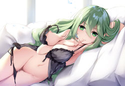 Rule 34 | 1girl, arm behind head, arm between breasts, armpits, babydoll, between breasts, black babydoll, black panties, bow, breasts, censored, commentary request, date a live, finger to mouth, frills, gluteal fold, green eyes, green hair, hair between eyes, heart, heart-shaped pupils, long hair, looking at viewer, lying, medium breasts, mosaic censoring, natsumi (date a live), navel, nipples, on bed, on side, one breast out, panties, panty pull, petals, pussy juice, side-tie panties, smile, solo, stomach, strap slip, symbol-shaped pupils, touxing no diluka, underwear