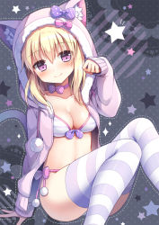 Rule 34 | 1girl, animal ears, animal hood, bikini, bikini under clothes, blonde hair, blush, bow, breasts, cat ears, cat hood, closed mouth, collarbone, dotted line, hair between eyes, hood, hoodie, long hair, looking at viewer, mauve, medium breasts, open clothes, open hoodie, original, pastel colors, pink bow, polka dot, polka dot background, purple bikini, purple bow, purple eyes, purple thighhighs, side-tie bikini bottom, sidelocks, sitting, sleeves past wrists, smile, solo, star (symbol), starry background, striped bikini, striped bow, striped clothes, swimsuit, thighhighs, thighs, white bikini, white thighhighs