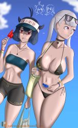 Rule 34 | 2girls, absurdres, ausoh, bikini, black clover, black hair, breasts, choker, curvy, food, hat, highres, horns, ice cream, jewelry, large breasts, long hair, multiple girls, necklace, noelle silva, purple eyes, red eyes, secre swallowtail, short hair, shorts, silver hair, small breasts, string bikini, sunglasses, swimsuit, thick thighs, thighs, twintails