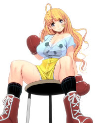 Rule 34 | 1girl, ahoge, bad id, bad pixiv id, bandaid, blonde hair, boots, boxing gloves, breasts, cleavage, cross-laced footwear, kouno (masao), lace-up boots, large breasts, long hair, off shoulder, original, panda, panties, short hair, shorts, simple background, socks, solo, sweat, underwear, upshorts, white panties