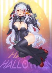 Rule 34 | alcohol, azur lane, between breasts, black dress, black gloves, black thighhighs, blush, breasts, brown eyes, cleavage, cup, dress, gloves, hair between eyes, hair ribbon, half gloves, halloween costume, high heels, highres, holding, holding cup, large breasts, long hair, long sleeves, maitei roppa, multicolored hair, open mouth, prinz eugen (azur lane), red footwear, red hair, ribbon, silver hair, sleeve cuffs, smile, solo, streaked hair, swept bangs, thighhighs, thighs, two side up, very long hair