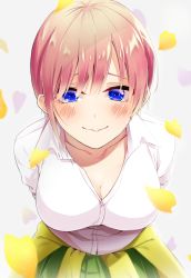 Rule 34 | 1girl, arms behind back, artist request, asymmetrical hair, blue eyes, blush, breasts, cardigan, cardigan around waist, cleavage, clothes around waist, go-toubun no hanayome, green skirt, highres, large breasts, looking at viewer, nakano ichika, petals, pink hair, school uniform, shirt, short hair, sidelocks, simple background, skirt, smile, solo, tearing up, tears, white background, white shirt