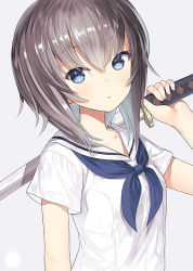 Rule 34 | 1girl, :&lt;, black hair, blue neckerchief, capriccio, closed mouth, commentary request, grey background, hair between eyes, hand up, holding, holding sword, holding weapon, katana, looking at viewer, neckerchief, original, sailor collar, school uniform, serafuku, shirt, short sleeves, simple background, solo, sword, upper body, weapon, white sailor collar, white shirt