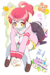Rule 34 | 2girls, back-to-back, baozi, black hair, book, brown footwear, cardigan, character name, closed mouth, commentary request, dress, food, from above, full body, gaaruru (pripara), happy birthday, headphones, holding, holding food, knees up, loafers, long hair, long sleeves, looking to the side, moudoku (decopon3rd), multiple girls, open book, paprika private academy school uniform, pink cardigan, ponytail, pretty series, pripara, red hair, sailor collar, school uniform, shiratama mikan, shoes, short dress, sitting, smile, thighhighs, twintails, white sailor collar, white thighhighs, yellow dress, yellow eyes, zzz