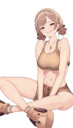 Rule 34 | 1girl, absurdres, amatou (ko me 9), animal print, bare shoulders, between legs, braid, breasts, brown footwear, brown hair, brown shorts, brown socks, brown sports bra, butterfly sitting, cleavage, collarbone, commentary request, cropped legs, crown braid, dog tags, furen e lustario, furen e lustario (5th costume), hand between legs, highres, large breasts, looking at viewer, midriff, navel, nijisanji, parted bangs, red eyes, short shorts, shorts, simple background, sitting, smile, socks, solo, sports bra, thighs, virtual youtuber, white background