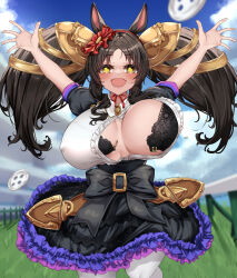 Rule 34 | + +, 1girl, absurdres, animal ears, arms up, black hair, blurry, blurry background, blurry foreground, blush, bra, breasts, bursting breasts, commentary, dress, flying button, hair ornament, headband, highres, horse ears, horse girl, huge breasts, looking at viewer, marvelous sunday (umamusume), pantyhose, popped button, racetrack, ribbon, sky, tabunshake, twintails, umamusume, underwear, wardrobe malfunction, yellow eyes