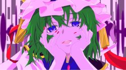Rule 34 | 1girl, blue eyes, female focus, green hair, hands on own cheeks, hands on own face, nail polish, portrait, shiki eiki, solo, touhou, yandere trance