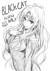 Rule 34 | 1girl, black cat (series), breasts, cat, copyright name, dated, facial mark, forehead mark, greyscale, hair behind ear, hand on own chest, highres, long hair, looking at viewer, medium breasts, monochrome, parted bangs, sephiria arks, simple background, sketch, solo, white background, yabuki kentarou