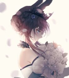 Rule 34 | 1girl, ambience synesthesia, amiya (arknights), animal ears, arknights, artist name, black collar, blue eyes, bouquet, braid, brown hair, collar, crown, dress, eyelashes, flower, from side, hair ornament, hand up, highres, holding, holding bouquet, looking down, medium hair, off-shoulder dress, off shoulder, official alternate costume, parted lips, procreate (medium), qidian xialingshi, rabbit ears, rabbit girl, rose, solo, upper body, white dress, white flower, white rose