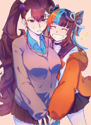 Rule 34 | 2girls, alternate hairstyle, bad id, bad pixiv id, breasts, brown hair, choker, cone hair bun, contemporary, fate/grand order, fate (series), grin, hair bun, hairstyle switch, highres, large breasts, multicolored hair, multiple girls, murasaki shikibu (fate), orange background, purple eyes, sei shounagon (fate), skirt, sleeves past wrists, smile, sparkle, sweater, twintails
