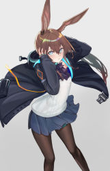 Rule 34 | 1girl, amiya (arknights), animal ears, arknights, ascot, black coat, blue ascot, blue eyes, blue skirt, blush, breasts, brown hair, brown pantyhose, closed mouth, coat, commentary, contrapposto, feet out of frame, from above, grey background, hair between eyes, half updo, hand on own head, highres, hood, hooded coat, jewelry, long hair, looking at viewer, miniskirt, miyazaki-san (mmyyzk), multiple rings, neck ring, open clothes, open coat, pantyhose, pleated skirt, rabbit ears, ribbed sweater, ring, simple background, skirt, small breasts, solo, sweater, thighlet, white sweater