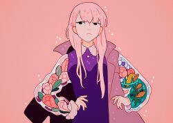 Rule 34 | 1girl, absurdres, asymmetrical clothes, black eyes, flower, hands on own hips, highres, jacket, leaf, liquid, long hair, long sleeves, meyoco, original, pink background, pink flower, pink hair, revision, simple background, solo, sparkle, white flower