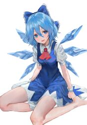 Rule 34 | 1girl, absurdres, barefoot, blue bow, blue dress, blue eyes, blue hair, bow, cirno, collared shirt, dress, fairy, hair bow, highres, ice, ice wings, kaze 22, looking at viewer, open mouth, pinafore dress, puffy short sleeves, puffy sleeves, shirt, short hair, short sleeves, simple background, sleeveless, sleeveless dress, smile, solo, touhou, white background, white shirt, wings