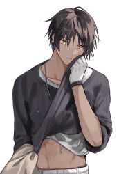 Rule 34 | 1boy, arknights, black shirt, brown hair, brown jacket, clothes lift, commentary request, dark-skinned male, dark skin, earclip, gloves, highres, hishoti cheese, holding, holding clothes, holding jacket, jacket, jewelry, lifted by self, looking to the side, male focus, midriff, necklace, orange eyes, pants, shirt, short hair, solo, sweat, thorns (arknights), undershirt, upper body, white gloves, white pants, white shirt, wiping sweat