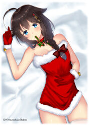 Rule 34 | 1girl, absurdres, bare shoulders, braid, cowboy shot, dress, fur-trimmed dress, fur-trimmed gloves, fur trim, gloves, green ribbon, hair flaps, hair over shoulder, highres, himura moritaka, kantai collection, lying, mouth hold, red dress, red gloves, ribbon, shigure (kancolle), shigure kai ni (kancolle), single braid, solo, strapless, strapless dress