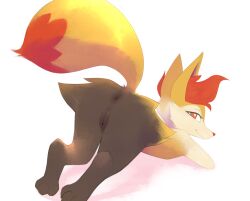 Rule 34 | 1girl, animal ear fluff, animal ears, anus, ass, b-epon, black fur, body fur, braixen, cleft of venus, commentary, creatures (company), digitigrade, english commentary, fox ears, fox girl, fox tail, from behind, furry, furry female, game freak, gen 6 pokemon, heart, heart-shaped pupils, looking back, multicolored fur, nintendo, nude, orange eyes, pokemon, pokemon (creature), presenting, pussy, simple background, smile, solo, symbol-shaped pupils, tail, uncensored, white background, yellow fur