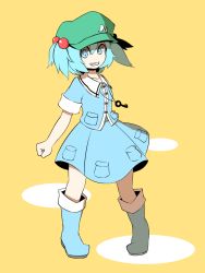 Rule 34 | 1girl, bad id, bad pixiv id, blue eyes, blue hair, boots, circle, dress, full body, grin, hair bobbles, hair ornament, hat, highres, jewelry, kawashiro nitori, key, key necklace, looking at viewer, matching hair/eyes, necklace, own hands clasped, own hands together, pigeon-toed, rubber boots, short hair, short sleeves, short twintails, simple background, skirt, skirt set, smile, solo, standing, totosehi, touhou, twintails, two side up, yellow background