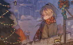 1girl blonde_hair box christmas christmas_lights christmas_ornaments christmas_tree degrees_of_lewdity gift gift_box glasses scarf snow sydney_(degrees_of_lewdity) tagme venti_(genshin_impact) window