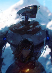 Rule 34 | 1girl, animal, artist name, bird, black hair, blue eyes, blue sky, blurry, blurry background, cable, closed mouth, coat, day, depth of field, expressionless, floating hair, flying, glowing, glowing eyes, guweiz, highres, icicle, joints, lips, looking to the side, machinery, mountain, original, outdoors, red scarf, robot, robot joints, scarf, short hair, sky, snow, upper body, wind, wire, yellow eyes