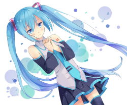 Rule 34 | 1girl, blue eyes, blue hair, detached sleeves, fei miao, hatsune miku, long hair, matching hair/eyes, necktie, own hands clasped, own hands together, skirt, solo, thighhighs, twintails, very long hair, vocaloid