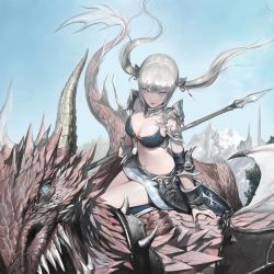 Rule 34 | 1girl, armor, bikini armor, blue eyes, breasts, cleavage, dragon, fantasy, floating hair, holding, holding spear, holding weapon, long hair, looking at viewer, medium breasts, miniskirt, navel, original, outdoors, pauldrons, polearm, princess, riding, rupid79, sharp teeth, shoulder armor, grey eyes, silver hair, silver trim, skirt, sky, solo, spear, teeth, twintails, vambraces, weapon