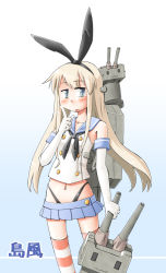 Rule 34 | 10s, 1girl, anchor, anchor hair ornament, arnest, black panties, blonde hair, elbow gloves, gloves, hair ornament, kantai collection, long hair, navel, panties, personification, rensouhou-chan, shimakaze (kancolle), skirt, striped clothes, striped thighhighs, thighhighs, underwear