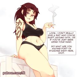 Rule 34 | 1girl, artist name, black bra, black lagoon, black panties, blush, bra, breasts, brown hair, cigarette, cleavage, crate, english text, large breasts, long hair, looking at viewer, navel, panties, ponytail, revy (black lagoon), rtil, solo, sports bra, stomach, tattoo, thick thighs, thighs, underwear, white background