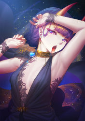 Rule 34 | 1girl, arm up, armpits, bare arms, black dress, blunt bangs, breasts, cleavage, collarbone, dress, earrings, fate/grand order, fate (series), highres, horns, jewelry, looking at viewer, open mouth, pointy ears, purple hair, red eyes, short hair, shuten douji (fate), skin-covered horns, sleeveless, sleeveless dress, small breasts, solo, tongue, tongue out, upper body, yamakou (yamakou e2)