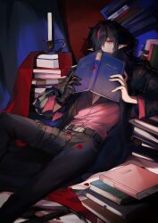 Rule 34 | 1boy, absurdres, arknights, belt, belt buckle, black belt, black hair, black jacket, black pants, book, book stack, bright pupils, buckle, buttons, candle, chinese commentary, commentary request, covered mouth, covering own mouth, echico (echico1125), eyebrows hidden by hair, feet out of frame, fingernails, hair over one eye, highres, holding, holding book, jacket, long hair, looking at viewer, male focus, midnight (arknights), multicolored hair, one eye covered, open clothes, open jacket, pants, petals, pink eyes, pink hair, pink shirt, pointy ears, shirt, sleeve cuffs, solo, streaked hair, white pupils