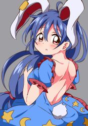 Rule 34 | 1girl, animal ears, back, backless dress, backless outfit, blue dress, blue hair, blush, breasts, bwell, commentary request, cowboy shot, crescent, crescent pin, dress, earclip, frilled dress, frilled sleeves, frills, grey background, hair between eyes, highres, long hair, looking at viewer, looking back, low-tied long hair, medium breasts, open mouth, print dress, puffy short sleeves, puffy sleeves, rabbit ears, rabbit girl, rabbit tail, red eyes, seiran (touhou), short sleeves, shoulder blades, simple background, solo, star (symbol), star print, tail, touhou, triangle mouth, very long hair