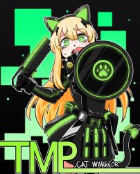 1girl animal_ear_headphones animal_ears black_gloves blonde_hair bow cat_ear_headphones cat_tail crying fake_animal_ears girls&#039;_frontline gloves green_eyes headphones holding holding_shield holding_weapon paw_print scared shield solo tail tail_bow tail_ornament tmp_(girls&#039;_frontline) voodoowood weapon