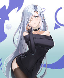 Rule 34 | 1girl, absurdres, bare shoulders, black choker, black dress, black thighhighs, blue background, blue eyes, blue hair, breasts, choker, commentary request, cowboy shot, dress, genshin impact, gradient background, highres, large breasts, long hair, long sleeves, looking at viewer, off-shoulder dress, off shoulder, parted lips, q meu, shenhe (genshin impact), solo, standing, thighhighs, very long hair