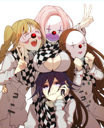 Rule 34 | 1boy, 3girls, :d, blonde hair, blush stickers, braid, breast rest, breasts, breasts on head, brown hair, checkered clothes, checkered scarf, cheek rest, cleavage, clenched hands, commentary request, danganronpa (series), danganronpa v3: killing harmony, dice members (danganronpa), facing down, highres, jacket, kitsunebi v3kokonn, large breasts, lips, long hair, looking up, mask, multiple girls, open mouth, oma kokichi, purple eyes, purple hair, scarf, simple background, smile, straitjacket, teeth, upper teeth only, v, very long hair, white background, white hair, white jacket