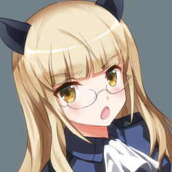 Rule 34 | 1girl, animal ears, blonde hair, blue background, blush, cat ears, glasses, looking at viewer, military, military uniform, open mouth, perrine h. clostermann, simple background, solo, strike witches, tom-neko (zamudo akiyuki), uniform, world witches series, yellow eyes