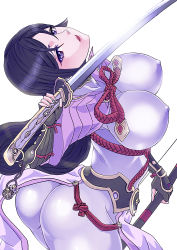 Rule 34 | 1girl, armor, ass, black hair, bodysuit, breasts, fate/grand order, fate (series), gauntlets, katana, large breasts, long hair, looking at viewer, minamoto no raikou (fate), open mouth, parted lips, purple eyes, rurukichi, shiny clothes, simple background, skin tight, smile, solo, sword, weapon, white background